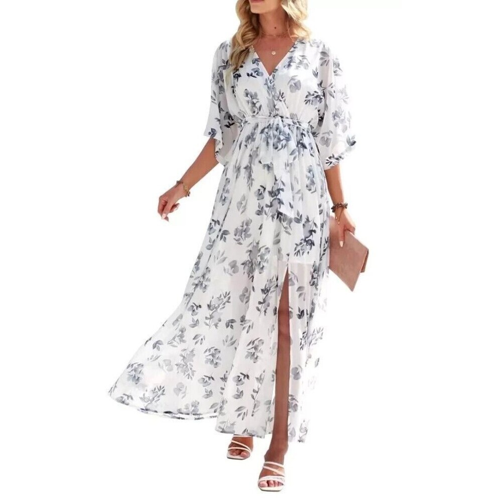 NWT ANRABESS Women's Small 3/4 Sleeve Kimono Wrap Floral Maxi Dress Porcelain